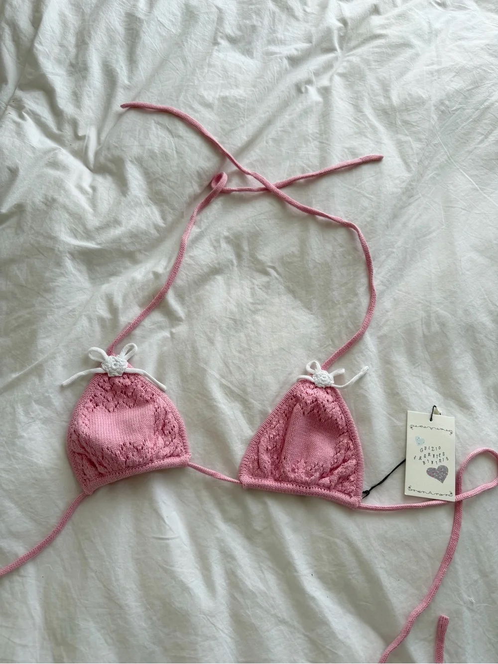 NWT Frankie's Bikinis x Guizio Knit Crochet Triangle Bikini Bow Top